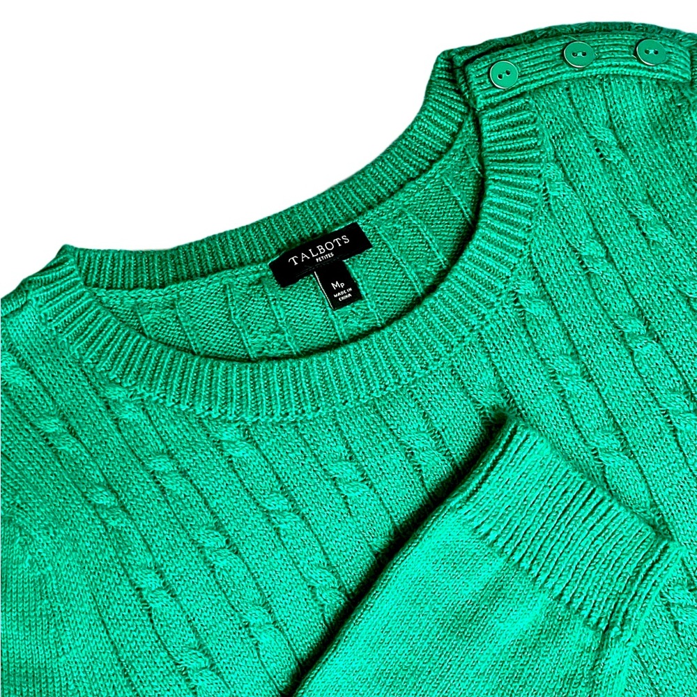 TALBOTS Green Cable Knit One Shoulder Button Pullover Sweater Petite Medium